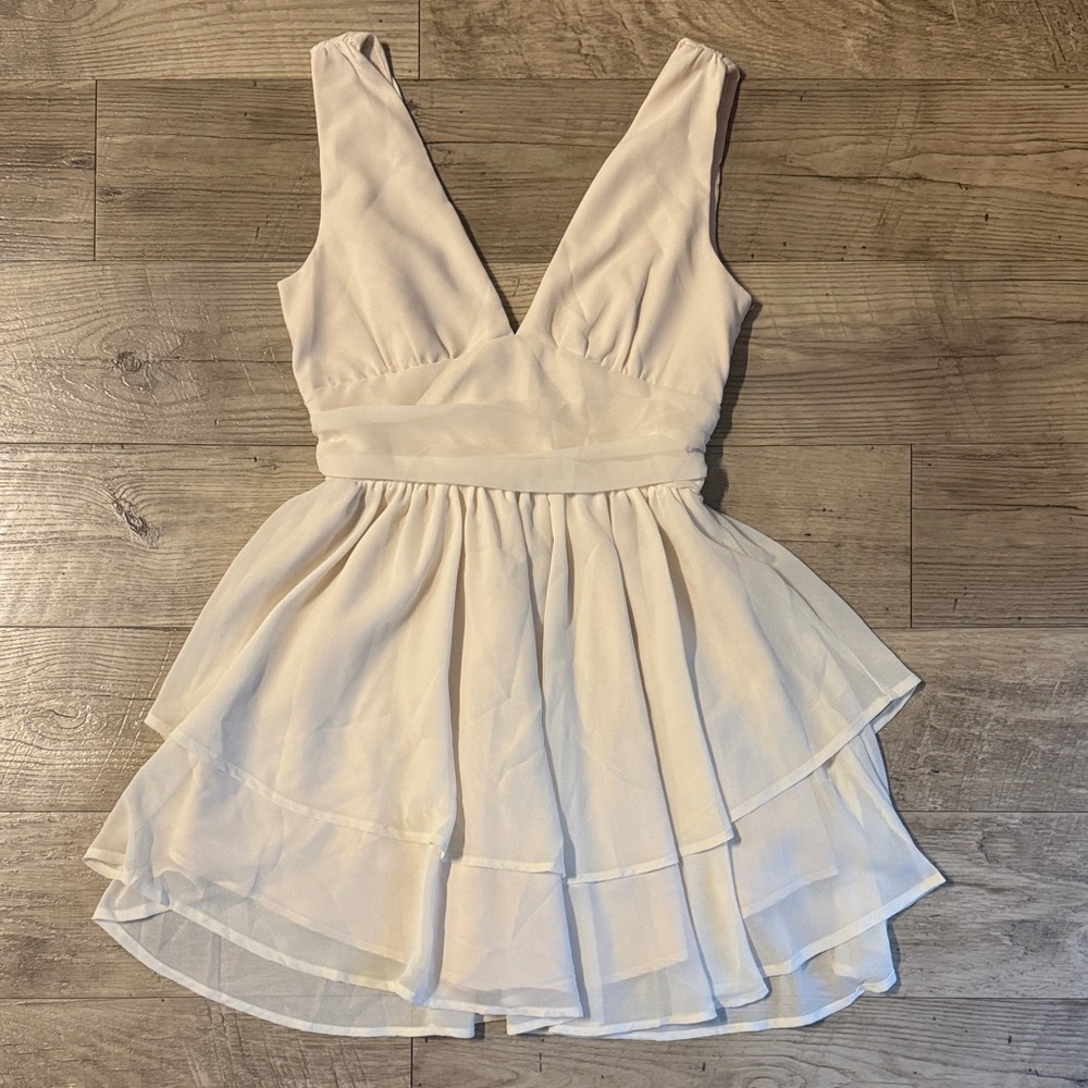 SHEIN Cream V-Neck Tiered Mini Dress